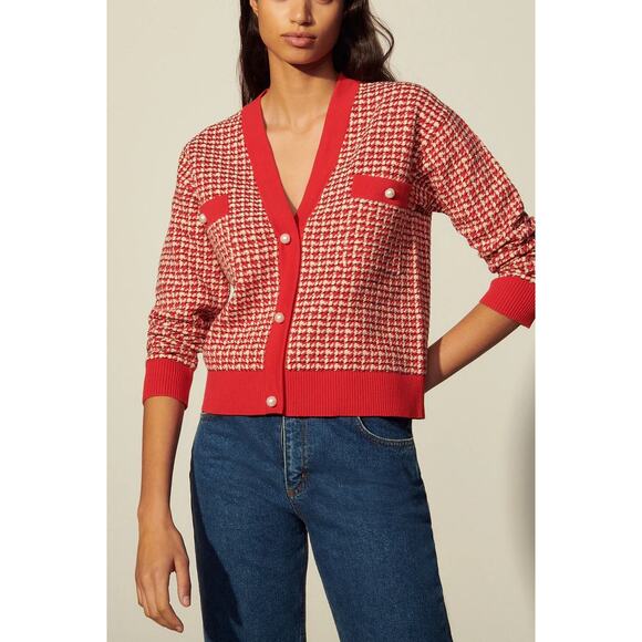 Sandro Womens Brandy Tweed Cardigan Button Front Cropped Red White Size 1 Small - Picture 1 of 10